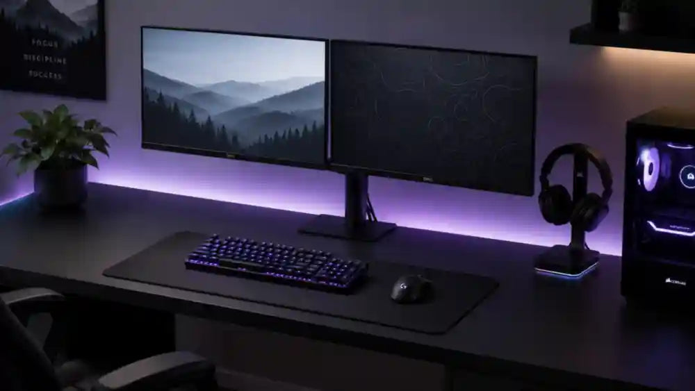 Clean gaming setup med to skærme, tastatur og mus – ingen synlige kabler på bordet