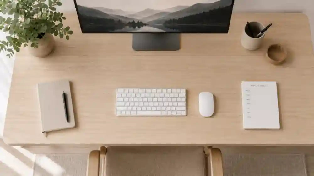 Minimalistisk skrivebord med notesbog og tjekliste – alle kabler skjult og organiseret